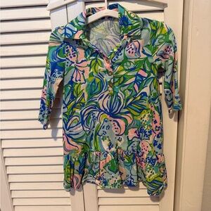 Kids Floral Ruffle Amelia Polo Dress - Blue, Pink & Green